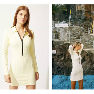 Solid & Striped Long Sleeve Ribbed Polo Zip Up Dress Mini In Blonde Rib NEW $198